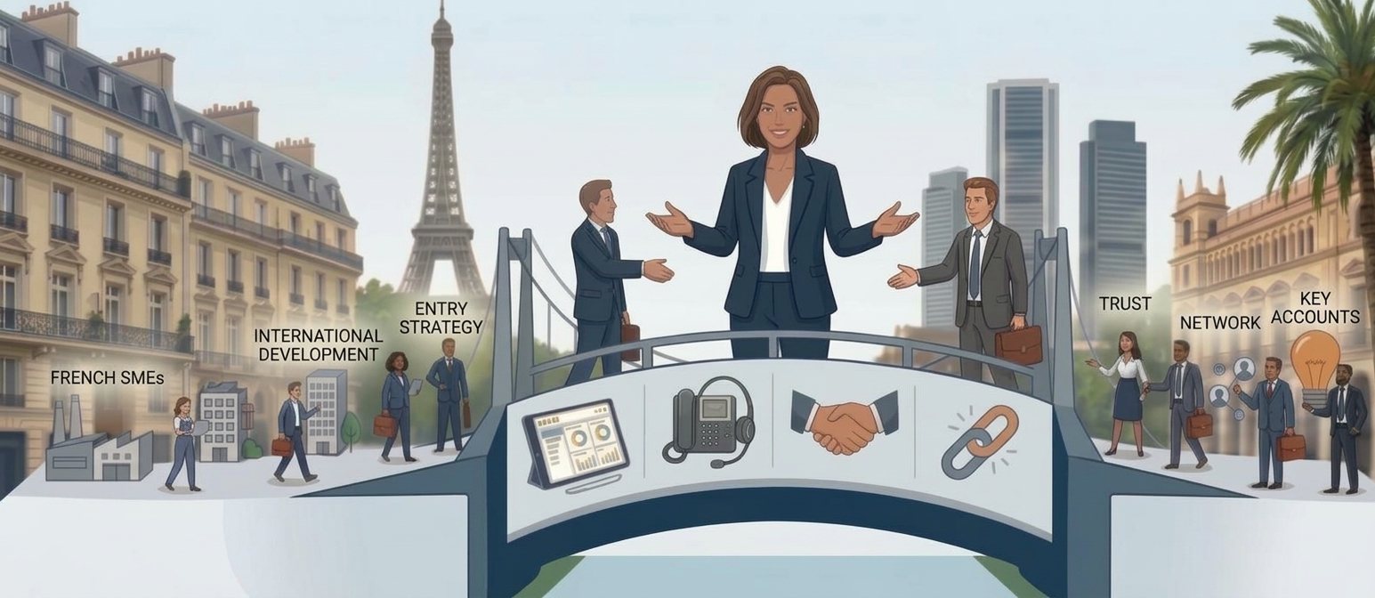 Illustration: Emilie Vernack at the centre of a business bridge, connecting French SME leaders with Spanish partners