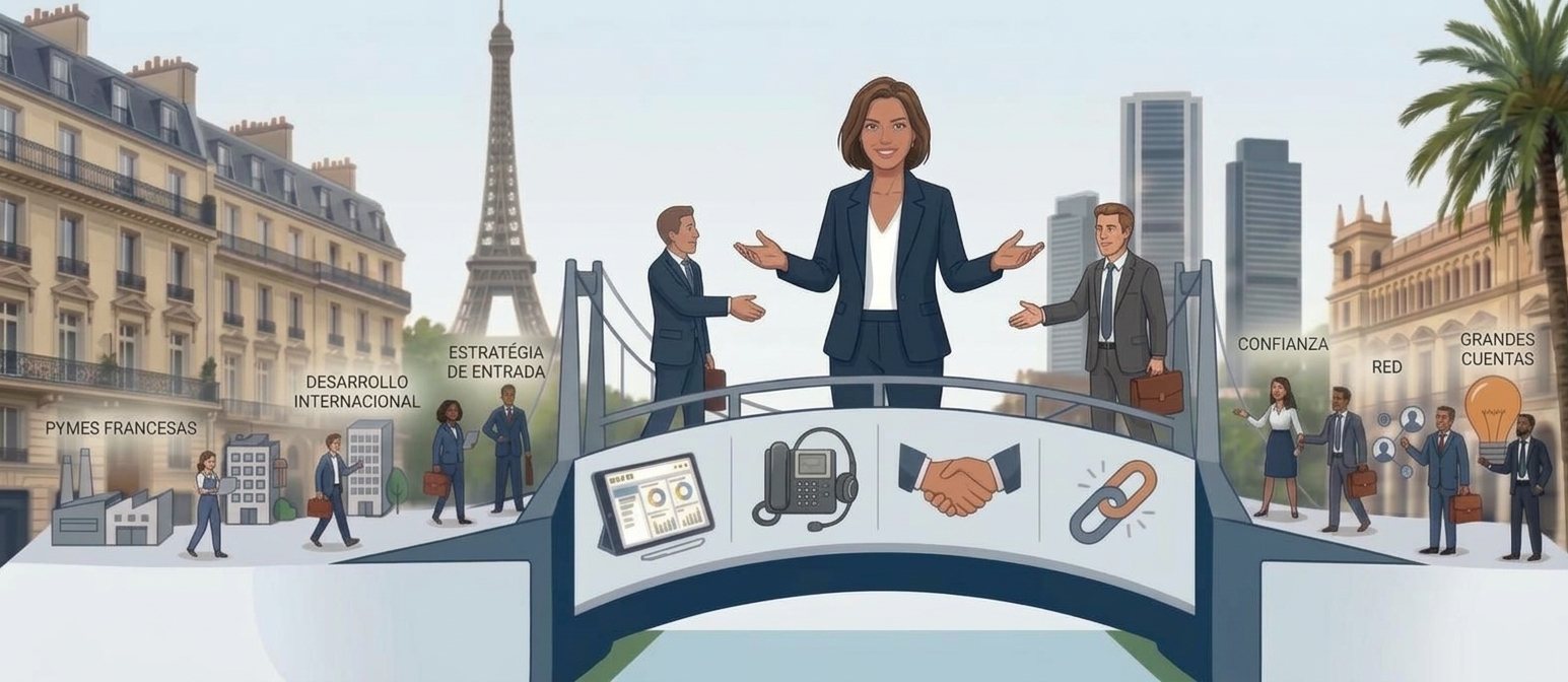 Ilustración: Emilie Vernack en el centro de un puente comercial, conectando a directivos de pymes con socios del otro lado de la frontera