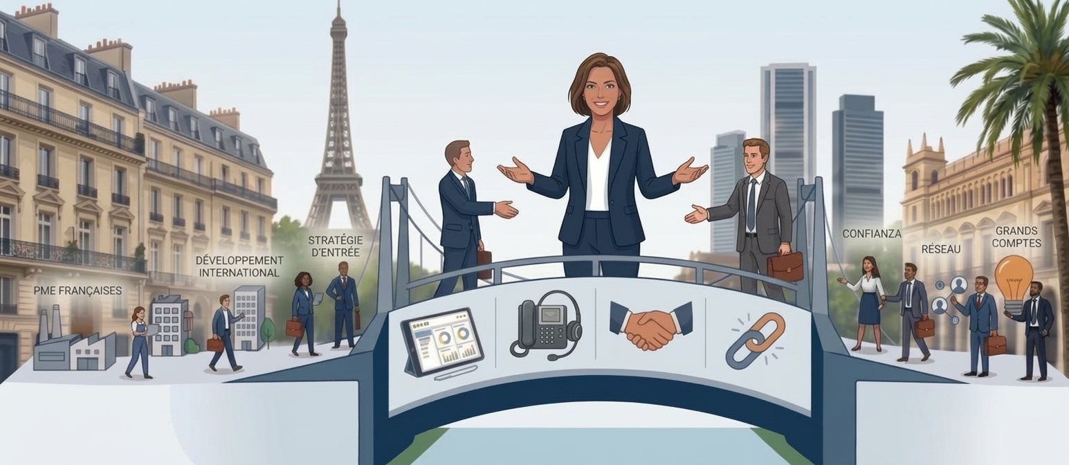 Illustration : Emilie Vernack au centre d'un pont commercial, met en relation des dirigeants de PME françaises et des partenaires espagnols